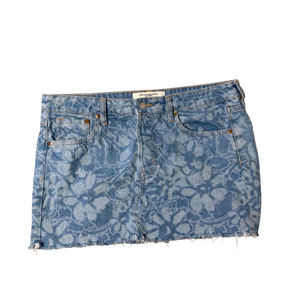 H&M‎ 90s Floral Denim Mini Skirt Frayed Hem Blue Y2K Grunge Button Fly Size 10
